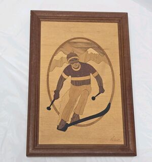 Vintage Marquetry Wood Inlay Snow Skier 6.75 X 9.75 Hudson River Signed NELSON